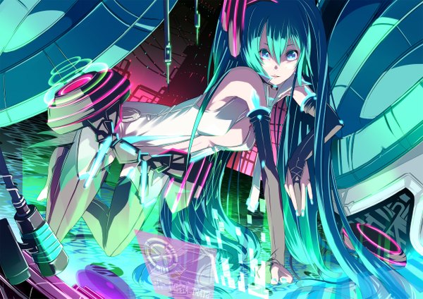 Anime picture 2480x1754 with vocaloid vocaloid append hatsune miku hatsune miku (append) highres green eyes aqua hair on all fours girl mecha