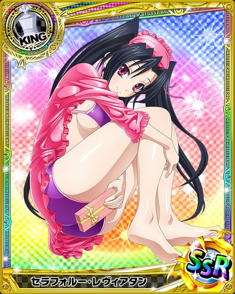 Anime picture 640x800 with highschool dxd serafall leviathan single long hair tall image looking at viewer breasts light erotic black hair smile purple eyes twintails barefoot bare legs card (medium) valentine girl underwear panties lingerie
