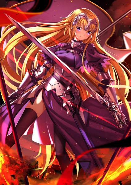 Anime picture 1447x2047 with fate (series) fate/apocrypha jeanne d'arc (fate) (all) jeanne d'arc (fate) swordsouls single long hair tall image breasts blonde hair purple eyes holding floating hair girl thighhighs dress skirt weapon black thighhighs sword