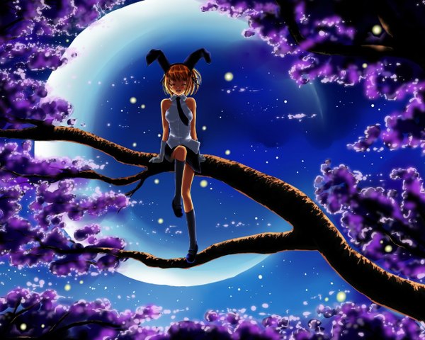 Anime picture 1280x1024 with tagme (character) tagme (artist) single blush short hair open mouth blonde hair smile brown hair eyes closed night bunny ears night sky sleeveless crescent girl gloves plant (plants) tree (trees) socks