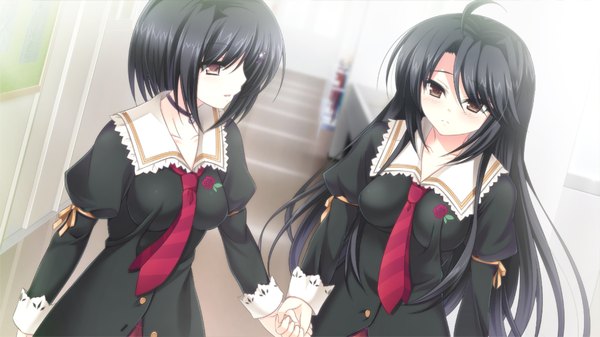 Anime picture 1280x720 with furuiro meikyuu rondo himeno mitsuki himeno mihoshi long hair short hair black hair wide image multiple girls brown eyes game cg girl uniform 2 girls school uniform