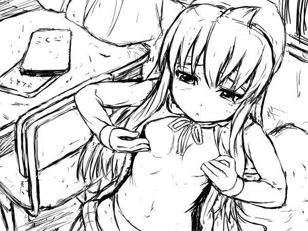 Anime picture 1600x1200 with minami-ke minami chiaki tomihero single long hair highres breasts light erotic open clothes open shirt monochrome flat chest sketch :< breast squeeze girl