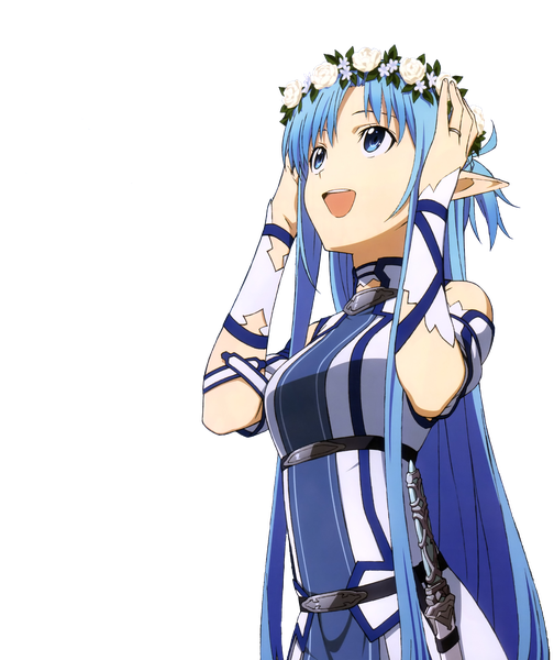 Anime picture 3451x4108 with sword art online a-1 pictures yuuki asuna asuna (sao-alo) single long hair tall image fringe highres open mouth blue eyes blue hair absurdres pointy ears looking up transparent background fantasy girl dress flower (flowers)