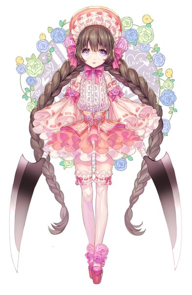Anime picture 1200x1836 with original bbbox (hotpppink) single tall image looking at viewer fringe simple background brown hair white background purple eyes braid (braids) very long hair twin braids girl thighhighs dress detached sleeves white thighhighs garter (garters)