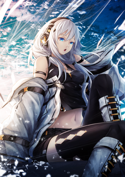 Anime picture 1062x1500 with original sugi 214 single long hair tall image fringe open mouth blue eyes hair between eyes sitting twintails bare shoulders looking away sky cloud (clouds) bent knee (knees) outdoors white hair wind wide sleeves