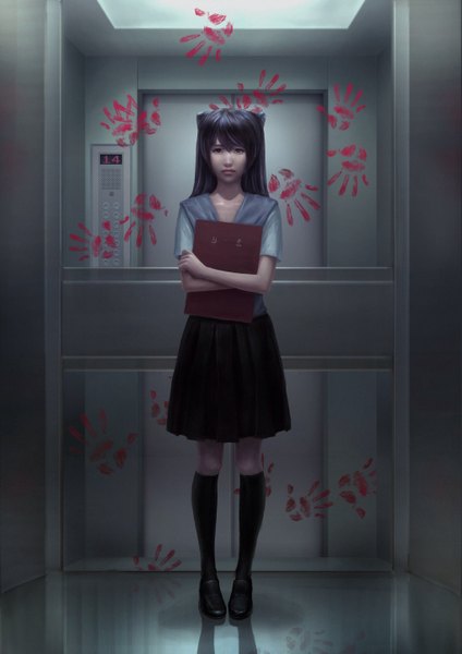 Anime picture 2048x2896 with original ioio ontop single long hair tall image looking at viewer fringe highres black hair standing holding brown eyes indoors lips realistic reflection hand print girl skirt uniform