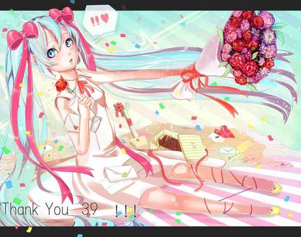 Anime picture 1300x1024 with vocaloid hatsune miku long hair twintails green eyes aqua hair girl flower (flowers) ribbon (ribbons) bow hair bow food sweets bouquet chocolate letter love letter