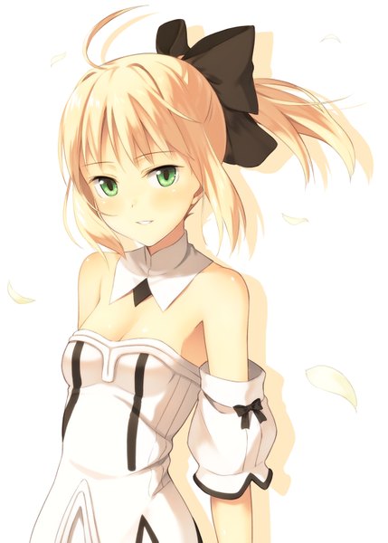 Anime picture 1100x1539 with fate (series) fate/unlimited codes type-moon artoria pendragon (all) saber saber lily kinta (distortion) single long hair tall image looking at viewer blush simple background blonde hair white background green eyes ahoge ponytail girl dress