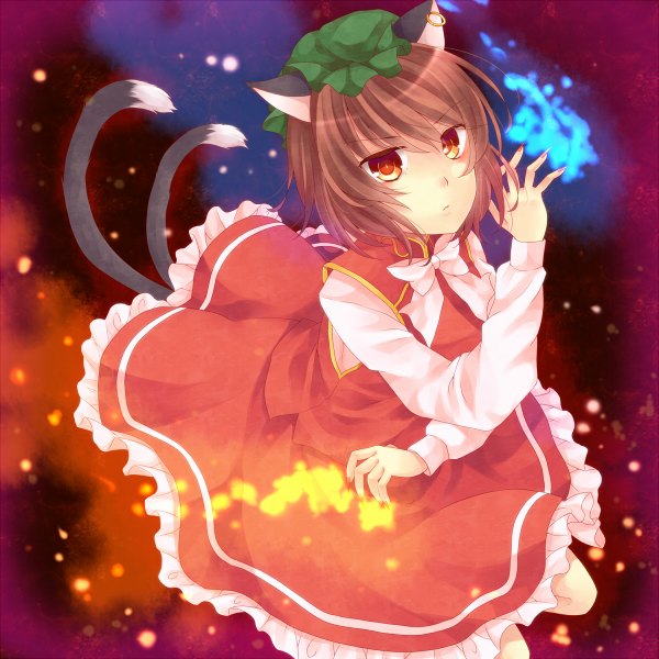 Anime picture 1200x1200 with touhou chen ikeda hazuki single looking at viewer short hair red eyes brown hair animal ears fingernails cat ears cat tail long fingernails multiple tails girl dress skirt bow bonnet skirt set
