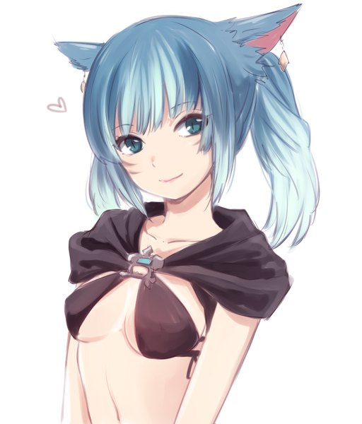 Anime picture 770x903 with final fantasy final fantasy xiv square enix miqo'te ica single long hair tall image fringe breasts light erotic simple background white background animal ears payot looking away upper body ponytail head tilt aqua eyes