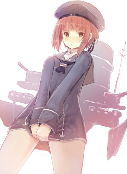 Anime picture 1023x1396 with kantai collection z3 destroyer (max schultz) sumisu (mondo) single tall image blush fringe short hair simple background brown hair white background brown eyes from below girl beret sailor suit