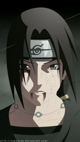 Anime picture 900x1585 with naruto studio pierrot naruto (series) uchiha itachi themnaxs single long hair tall image looking at viewer black hair signed ponytail black eyes portrait akatsuki boy hairband blood scratch