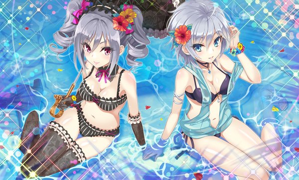 Anime picture 1980x1192 with idolmaster idolmaster cinderella girls kanzaki ranko anastasia (idolmaster) urabi (tomatohouse) long hair looking at viewer highres short hair blue eyes light erotic red eyes wide image twintails multiple girls silver hair hair flower grey hair underwear only drill hair