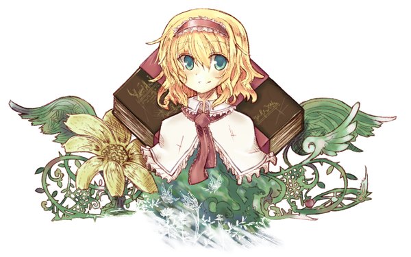 Anime picture 1327x831 with touhou alice margatroid single short hair blonde hair wide image green eyes girl flower (flowers) hairband book (books)