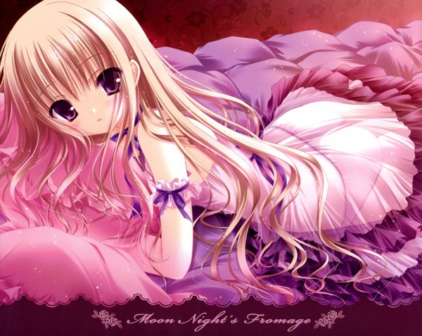 Anime picture 1253x1000 with original tinker bell long hair blush blonde hair purple eyes bare shoulders cleavage lying inscription loli girl dress bow ribbon (ribbons) water pillow