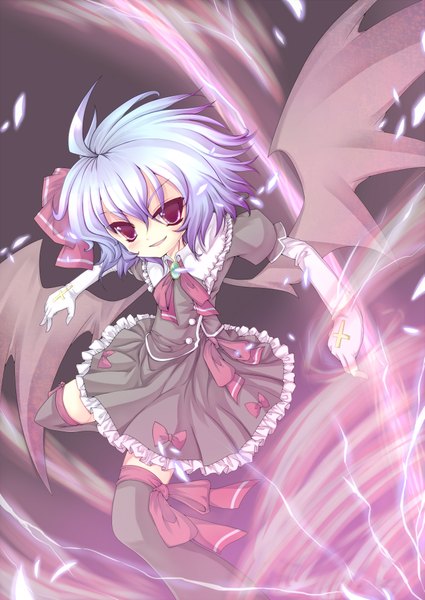 Anime picture 1417x2000 with touhou remilia scarlet cicin (artist) single tall image short hair red eyes blue hair loli magic girl thighhighs dress skirt bow black thighhighs wings skirt set