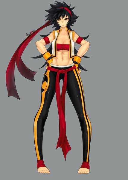 Anime picture 2400x3360 with dungeon and fighter caooll (co-ohol) single long hair tall image looking at viewer highres black hair simple background brown eyes grey background bare belly girl navel bandaid clothes