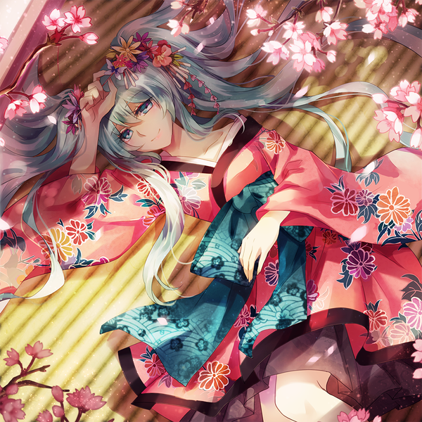 Anime picture 1000x1000 with vocaloid hatsune miku magicpants single looking at viewer smile twintails lying very long hair traditional clothes japanese clothes aqua eyes aqua hair girl flower (flowers) petals kimono