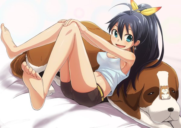 Anime picture 1270x900 with idolmaster ganaha hibiki dan (orange train) long hair blush open mouth blue eyes black hair smile ponytail barefoot legs girl earrings animal shorts dog