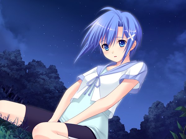 Anime picture 1024x768 with fluorite memories short hair blue eyes blue hair game cg night girl