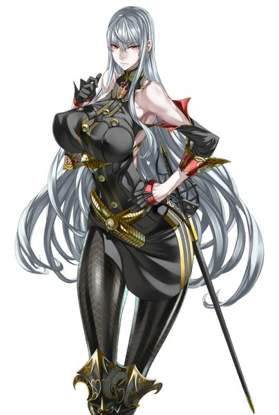 Anime picture 1000x1486 with valkyria chronicles selvaria bles single long hair tall image light erotic simple background red eyes white background silver hair girl gloves weapon sword elbow gloves armor