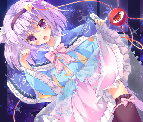 Anime picture 2000x1707 with touhou komeiji satori kinokomushi single looking at viewer blush highres short hair open mouth purple eyes animal ears purple hair cat ears girl thighhighs dress bow black thighhighs hairband eyeball