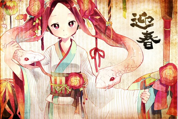 Anime picture 2053x1378 with original chibiibiru single long hair looking at viewer blush highres pink hair traditional clothes japanese clothes pink eyes hieroglyph girl flower (flowers) kimono headphones fish (fishes) snake