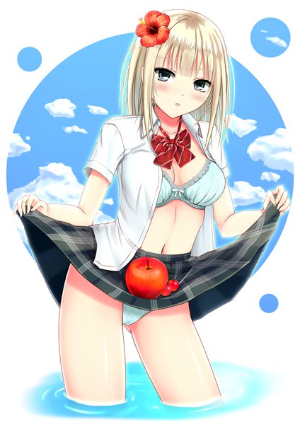 Anime picture 2894x4093 with original kurokami (kurokaminohito) single tall image looking at viewer fringe highres breasts light erotic blonde hair standing green eyes sky cloud (clouds) blunt bangs parted lips hair flower open clothes :o open shirt