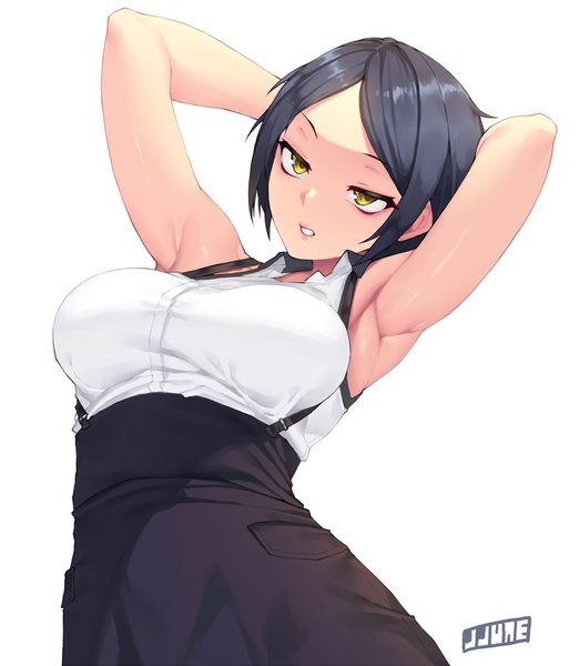 Anime picture 1307x1502 with idolmaster idolmaster cinderella girls hayami kanade jjune single tall image looking at viewer short hair breasts open mouth light erotic black hair simple background large breasts white background signed yellow eyes head tilt arms up armpit (armpits)