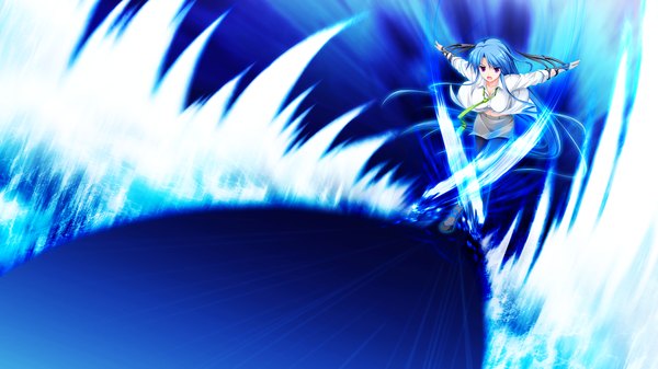 Anime picture 2560x1440 with gensou no idea makita maki single long hair highres open mouth wide image purple eyes blue hair game cg glowing girl weapon shirt
