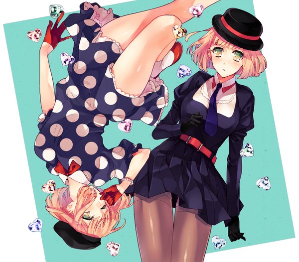 Anime picture 1372x1203 with uta no prince-sama a-1 pictures nanami haruka (uta no prince-sama) konnyaku yukko looking at viewer short hair open mouth blonde hair multiple girls green eyes one eye closed wink polka dot dual persona girl dress gloves 2 girls hat pantyhose