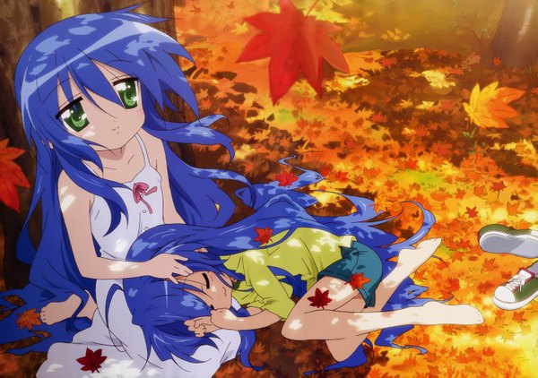 Anime picture 2893x2037 with lucky star kyoto animation izumi konata izumi kanata sakamoto kazuya long hair looking at viewer fringe highres hair between eyes multiple girls green eyes blue hair outdoors eyes closed barefoot autumn shoes removed against tree lap pillow