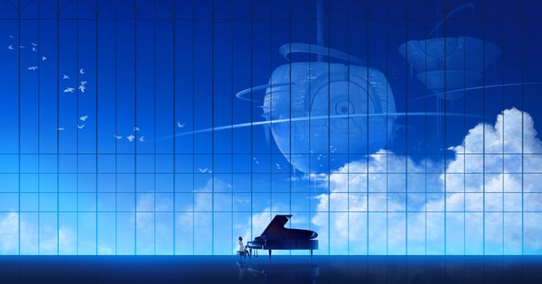 Anime picture 2296x1209 with original ame (pixiv) single highres short hair brown hair wide image sitting sky cloud (clouds) girl thighhighs black thighhighs animal window bird (birds) musical instrument piano spacecraft
