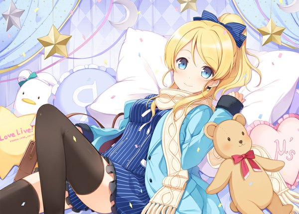 Anime picture 900x645 with love live! school idol project sunrise (studio) love live! ayase eli 6u (eternal land) single long hair looking at viewer blush blue eyes blonde hair ponytail girl thighhighs dress bow black thighhighs hair bow scarf pillow