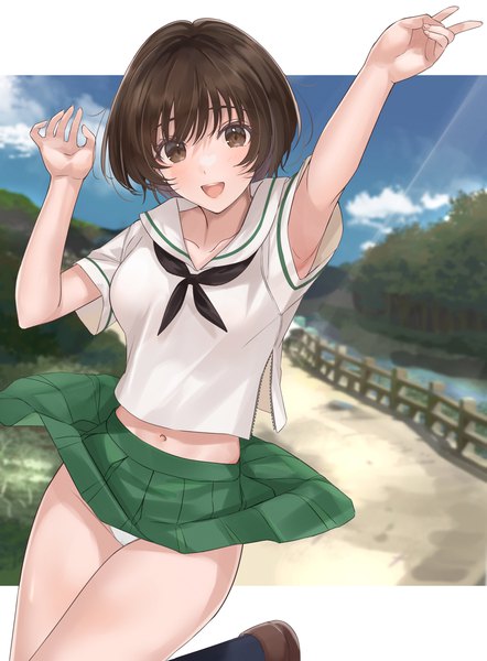 Anime picture 1400x1900 with girls und panzer akiyama yukari mexif single tall image looking at viewer short hair open mouth light erotic brown hair brown eyes sky :d pleated skirt arms up pantyshot victory letterboxed outside border unzipped