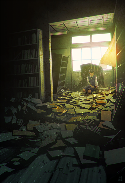 Anime picture 717x1050 with original mocha (cotton) single tall image short hair black hair sitting signed indoors sunlight lens flare destruction dust reading girl uniform school uniform window book (books) curtains