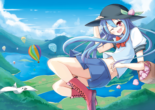 Anime picture 2336x1670 with touhou hinanawi tenshi soramuko long hair highres open mouth red eyes blue hair one eye closed wink mountain girl skirt hat miniskirt animal boots bird (birds)
