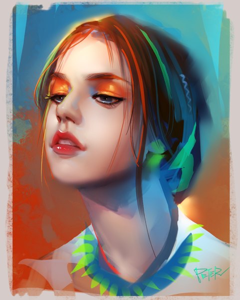 Anime picture 793x989 with superschool48 single tall image short hair blue eyes signed parted lips green hair lips orange hair realistic lipstick looking down portrait eyeshadow red lipstick girl necklace