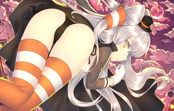 Anime picture 1197x761 with kantai collection amatsukaze destroyer touwa nikuman single long hair light erotic yellow eyes ass white hair looking back two side up halloween girl thighhighs gloves underwear panties hat white gloves hair tubes