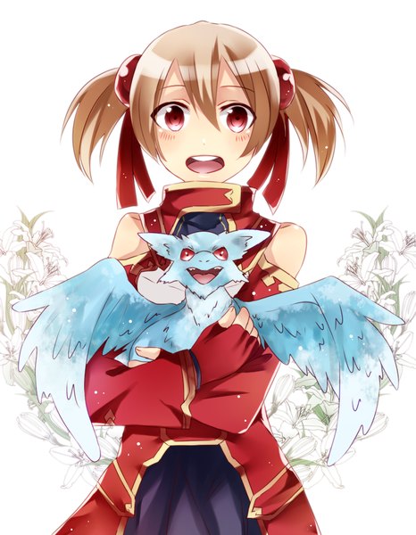 Anime picture 900x1157 with sword art online a-1 pictures silica pina (sao) getsuyoubi tall image blush fringe short hair open mouth simple background smile red eyes brown hair white background twintails short twintails fantasy girl dress