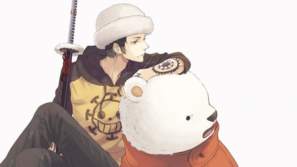 Anime picture 1120x630 with one piece toei animation trafalgar law bepo too mizuguchi short hair open mouth black hair simple background wide image white background brown eyes profile black eyes tattoo boy weapon hat earrings animal