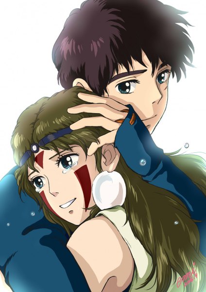Anime picture 904x1280 with mononoke hime studio ghibli san ashitaka emi (green wave) long hair tall image fringe short hair blue eyes black hair simple background smile hair between eyes brown hair white background bare shoulders signed looking away parted lips