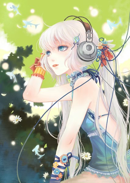 Anime picture 824x1161 with original teddy yang single long hair tall image blush open mouth blue eyes twintails bare shoulders looking away white hair profile hair flower light smile lips adjusting hair light arms behind head girl