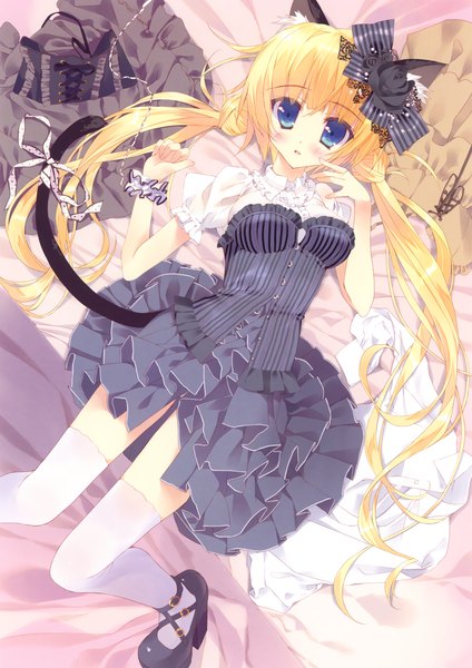 Anime picture 3249x4597 with original tsurusaki takahiro single long hair tall image blush highres blue eyes blonde hair twintails animal ears absurdres cat ears cat girl cat tail girl thighhighs dress bow hair bow
