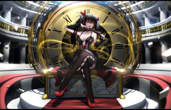 Anime picture 2200x1417 with date a live tokisaki kurumi hk (hak) single long hair highres open mouth light erotic black hair sitting twintails heterochromia crossed legs girl thighhighs dress bow weapon black thighhighs hair bow