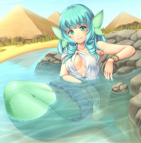 Anime picture 1049x1067 with original sasaame single long hair tall image looking at viewer breasts light erotic smile green eyes blue hair drill hair girl bow hair bow water bracelet mermaid