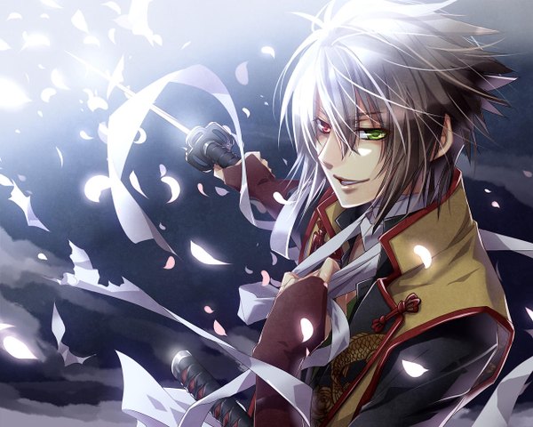 Anime picture 1280x1024 with hakuouki shinsengumi kitan studio deen okita souji (hakuouki) kururumy single short hair open mouth smile red eyes green eyes silver hair heterochromia boy uniform weapon petals sword katana military uniform neckerchief