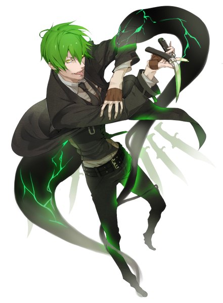 Anime picture 1075x1462 with blazblue hazama tagme (artist) single tall image looking at viewer short hair simple background white background yellow eyes green hair shadow boy weapon necktie tongue suit knife