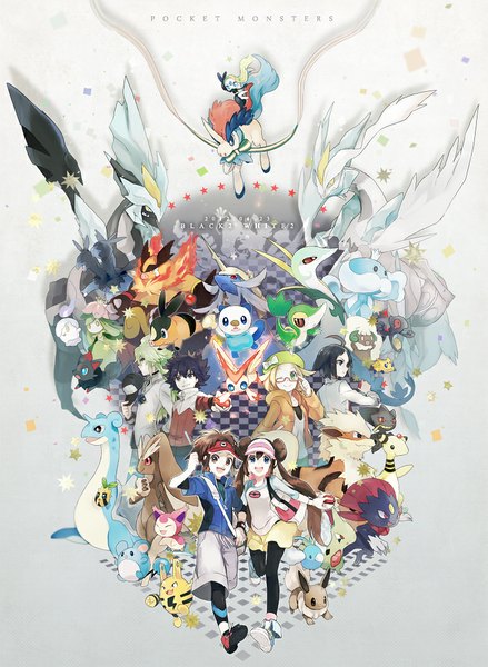 Anime picture 732x1000 with pokemon pokemon black and white nintendo rosa (pokemon) n (pokemon) eevee snivy oshawott tepig bianca (pokemon) arcanine reshiram lapras zorua marill nate (pokemon) cheren (pokemon) ampharos swablu litwick