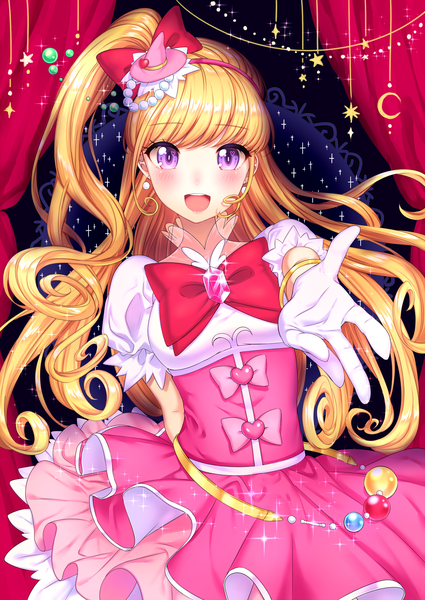 Anime picture 1377x1946 with precure mahou girls precure! toei animation asahina mirai cure miracle umeno (shio1205) single long hair tall image looking at viewer blush fringe open mouth blonde hair smile purple eyes :d sparkle one side up happy